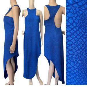 LUMIER BY BARIANO M blue asymmetrical dress snakeskin stretch bodycon